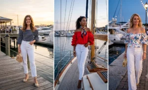 Women styling crisp white denim trousers with romantic off-the-shoulder tops and gold accessories for a chic nautical evening cruise look.