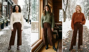 Triptych collage showing three women wearing oversized chunky knit sweaters gracefully tucked into wide-leg chocolate brown corduroy pants paired with pointed-toe ankle boots for a cozy winter look.