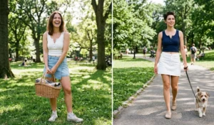 Two women enjoying a sunny day outdoors wearing playful summer outfits, featuring classic blue and white denim skorts paired with fitted, ribbed Henley button-up crop tops and casual footwear.