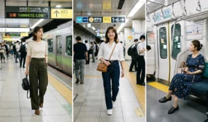 Elevated casual travel outfits for riding the train in Tokyo, featuring stylish wide-leg trousers, dark-wash denim, and a comfortable midi dress instead of casual sweatpants.
