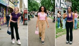 Three-panel collage featuring Y2K-inspired fashion with women wearing pastel and amethyst velour crop tops paired with tan and black low-rise flared corduroy pants and chunky sneakers.