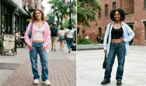 A two-panel image displaying Y2K fashion trends with women wearing open oversized poplin shirts layered over delicate camisoles and low-rise baggy jeans.