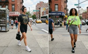 Sporty athleisure street style showing two women wearing black and grey biker shorts topped with oversized, vintage-inspired cropped graphic tees and chunky athletic shoes.