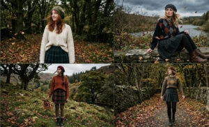 Four women outdoors on a crisp autumn day modeling a moody dark folklore uniform with cozy oversized vintage sweaters tucked into pleated wool skirts and chunky combat boots.