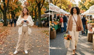 Split-screen of two women wearing cozy fall outfits, featuring cream and camel slouchy cardigans paired with beige straight-leg corduroy pants and white sneakers at a sunny farmer's market.