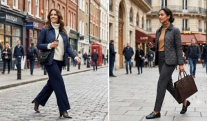 "Women wearing quilted jackets over chunky turtlenecks and tailored trousers."