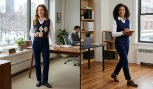 Side-by-side layout of women in preppy winter office outfits wearing crisp white button-down shirts layered under sweater vests, paired with tailored navy blue corduroy pants.