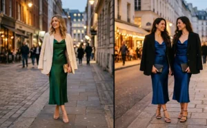 A side-by-side image of two women in evening settings wearing jewel-toned cowl neck satin slip dresses with oversized blazers draped over their shoulders.