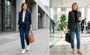 Side-by-side images of two working women wearing vintage-inspired structured mom jeans, architectural double-breasted blazers, and minimalist low-top trainers.