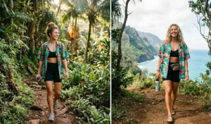 "Two women on a hiking trail in Hawaii wearing athletic bike shorts and oversized tropical-print camp shirts."