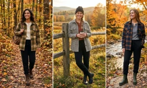 Three women outdoors in autumn wearing heavy plaid and houndstooth shackets over thermal shirts, with black sweatpants tucked into chunky lug-sole Chelsea boots.