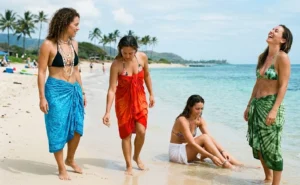 Four women at the beach wearing colorful sarongs styled as wrap skirts and cover-ups over bikini tops, accessorized with shell jewelry.