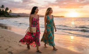 Two women walking barefoot on a sandy beach at sunset, wearing vibrant pink and teal tropical floral maxi dresses styled with simple sandals and a straw clutch.