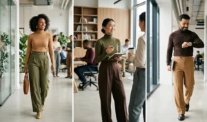 A triptych showing diverse professionals in a modern office, dressed in business casual high-waisted wide-leg trousers and fine-knit turtlenecks in earth tones.