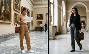 "Two women exploring a historic museum wearing high-waisted pleated wool trousers paired with stylish vintage leather satchel bags."