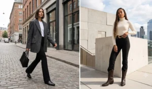 A two-panel photo collage of women wearing modern minimalist leather Western cowboy boots under black tailored flare pants with oversized blazers.