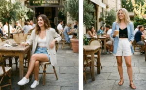 Chic daytime layered outfits featuring two women wearing lightweight oversized linen summer blazers over delicate lace-trimmed camisole crop tops and tailored shorts.