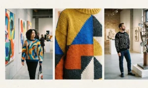 Creative winter street style featuring colorful abstract knit pullover sweaters worn for a casual gallery day.