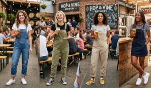 "Women wearing stylish denim and corduroy overalls with basic tees at a brewery."