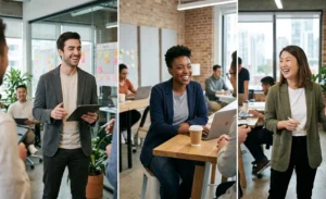 Three tech professionals in a relaxed startup setting wearing modern unstructured blazers layered over high-density neutral cotton crewneck t-shirts.