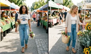 Split-screen of two women in casual summer outfits featuring high-waisted mom jeans and classic cork-footbed sandals at a sunny farmer's market.