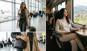 Women navigating transit and airports in comfortable yet stylish high-quality jersey lounge sets layered with chic oversized scarves.