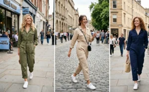 A collage of three women wearing casual utility jumpsuits in olive, beige, and navy styled with crisp white sneakers and gold necklaces for an effortless daytime outfit.