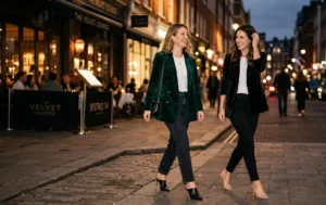 Evening outfit idea featuring a luxurious velvet blazer worn over a casual t-shirt and dark jeans, styled with sophisticated heeled mules.