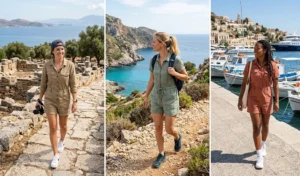 A multi-panel collage featuring women in stylish, lightweight utility rompers in earthy tones for active and comfortable cruise ship excursions.