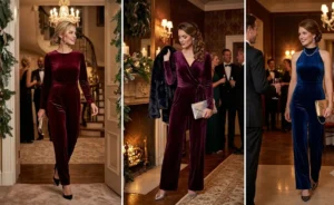 Three women wearing luxurious burgundy and plum velvet jumpsuits paired with pointed-toe heels and metallic clutches for a formal winter dinner party.