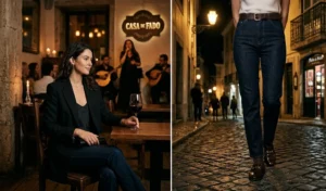 Women dressed in smart-casual sophisticated black blazers and dark-wash denim for an intimate, traditional Fado music night in Portugal.