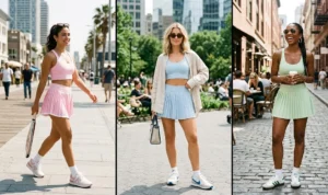 Split-screen of three women wearing matching athletic crop tops and pleated tennis skorts in pastel colors, representing the sporty-chic tenniscore trend.