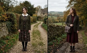 Two women in a vintage English countryside setting blending dark academia and dark folklore, wearing tailored tweed blazers over floral Peter Pan collar dresses.