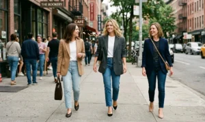 Three women showcasing an elevated t-shirt and jeans outfit styled with an oversized tailored blazer and pointed heels for a smart-casual city look.