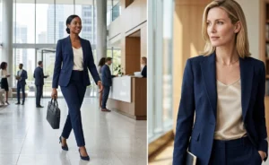 A split-screen showing two professional women in a corporate lobby, wearing classic navy two-piece suits paired with premium ivory and champagne silk camisoles.