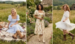 Three-panel collage of women wearing romantic cottagecore puff-sleeve dresses with light brown suede cowboy boots.