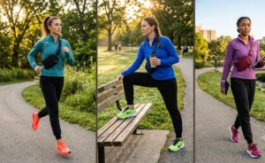 Three women displaying sporty activewear by pairing modern technical quarter-zip pullovers with black sweatpants, sleek colorful running shoes, and nylon belt bags.