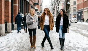 Dramatic winter street style featuring a plush faux fur coat layered over a white t-shirt and slim jeans, paired with knee-high stiletto boots.