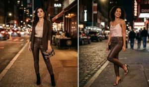 Two women dressed for an evening out in sultry date night outfits, featuring sleek faux leather espresso brown pants and delicate silk camisoles.