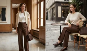 Two women exuding quiet luxury in perfectly tailored chocolate brown wide-leg trousers paired with high-quality cream cashmere sweaters.