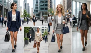 Collage of four women wearing professional, tailored blazers with matching skort sets in neutral tones, ideal for a modern corporate office environment.