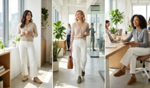 A photo collage of three women showcasing spring office wear with structured white denim pants, soft neutral cardigans, and earth-tone suede sneakers.