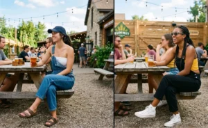 Two women at an outdoor patio wearing relaxed summer fashion, styling classic blue and black denim overalls with one strap down over white and yellow bandeau crop tops.