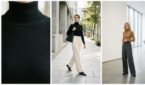 Minimalist winter style featuring sleek ribbed knit turtlenecks paired with wide-leg trousers and leather loafers.