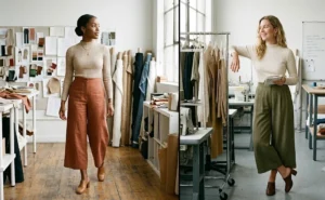 A split-screen showing two women in a design studio wearing fashion-forward wide-leg culottes and fitted mock-neck tops, finished with block-heeled mules.