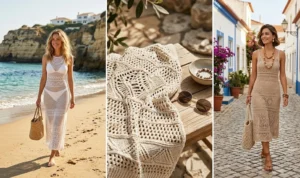 "Triptych collage showcasing artisanal crochet and open-knit maxi dresses for a bohemian-chic summer look at the beach."