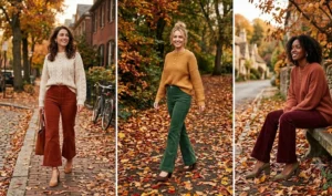A collage of three women wearing suede block heel pumps with thick corduroy flare pants and chunky knit sweaters for a cozy autumn outfit.