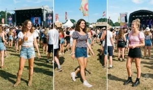 A festival fashion collage of three women wearing classic distressed denim cut-off shorts styled with feminine, peasant-style puff sleeve crop tops and boots.