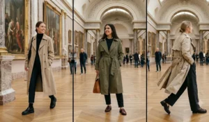"Fashionable women in long trench coats and chunky loafers walking through a museum gallery, demonstrating comfortable museum-ready style."