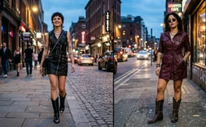 Two-panel image of women wearing edgy black and burgundy faux leather mini dresses with sleek cowboy boots.